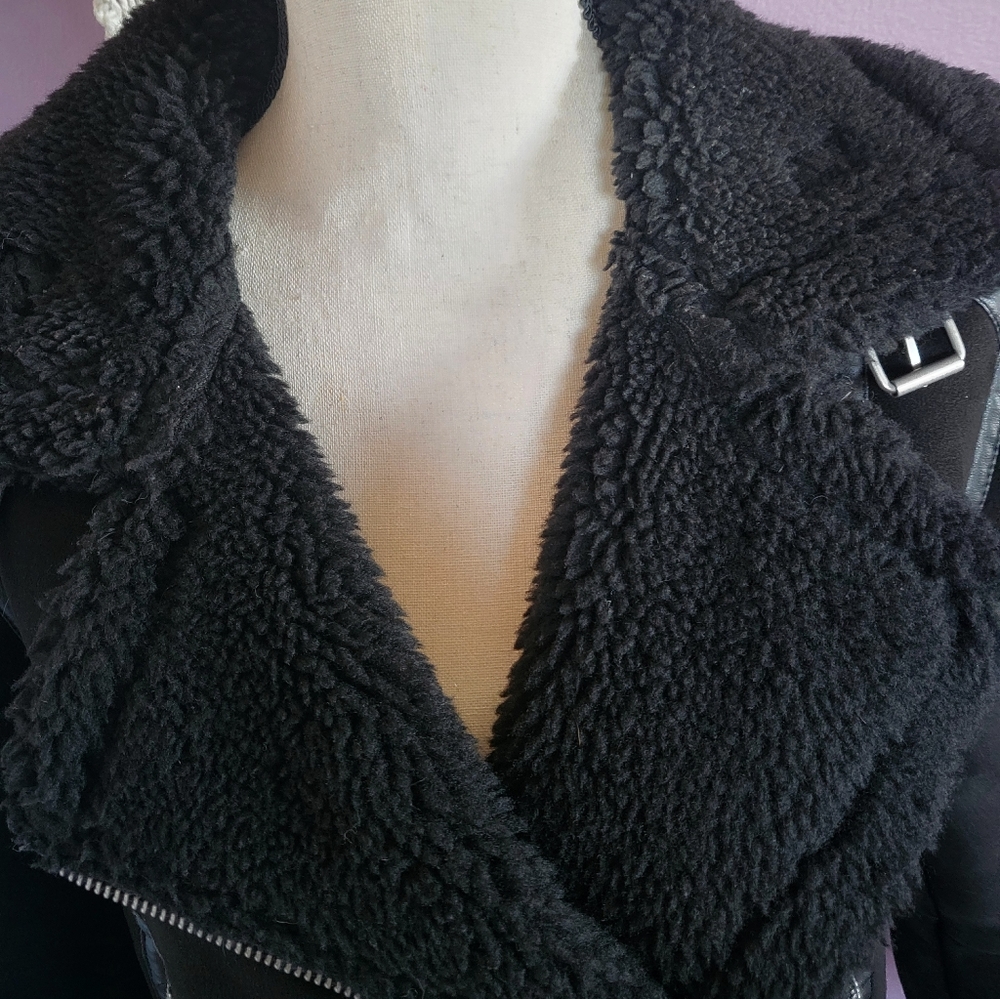 Zara Black Faux Suede Sherpa Lined Oversized Buckle Aviator Bomber Jacket Coat - Picture 6 of 14